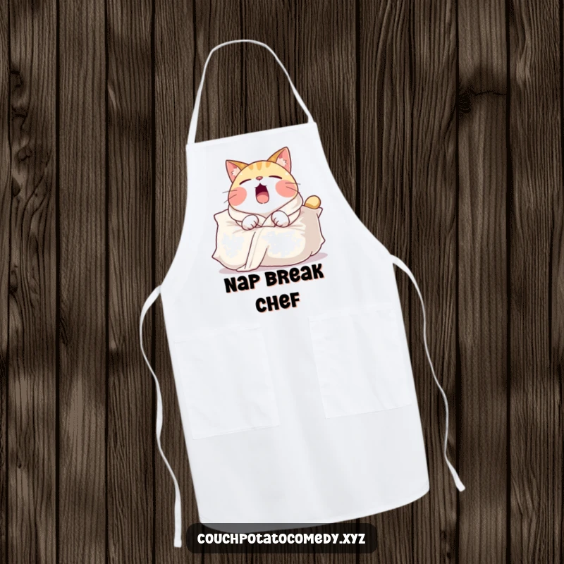 Funny apron showing a round cat in a comfy robe, yawning widely over a large pillow, ideal for kitchen or casual wear.