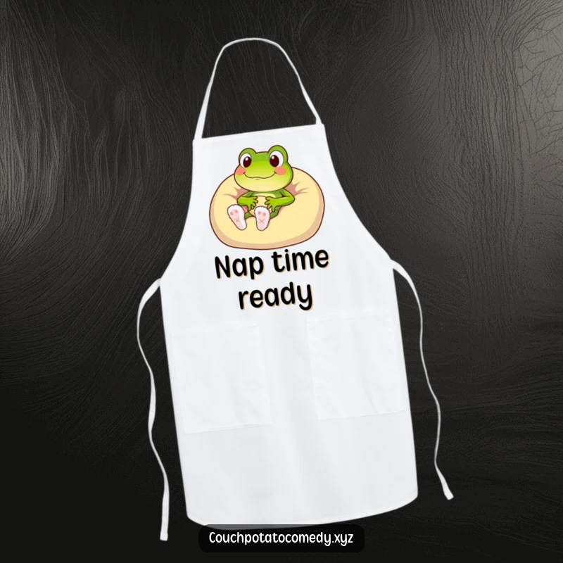 Funny frog character in fuzzy slippers sinking into a beanbag chair, amusing kitchen apron.