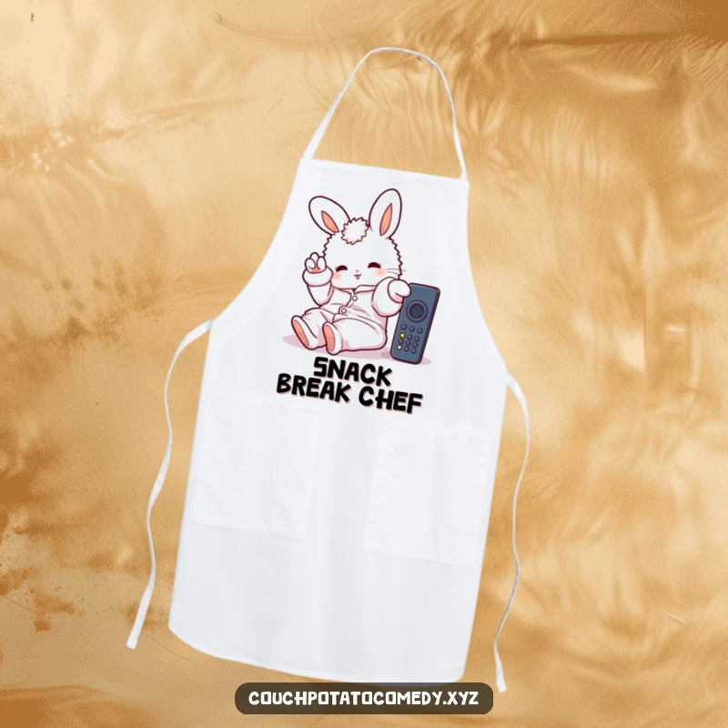 Funny apron showing a fluffy bunny in oversized pajamas, lazily stretching a paw towards a remote, ideal for kitchen or casual wear.
