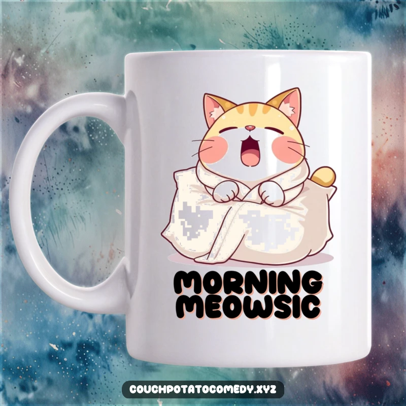 Funny mug featuring a round cat in a comfy robe, yawning widely while draped over a large pillow, embodying ultimate relaxation and comfort.