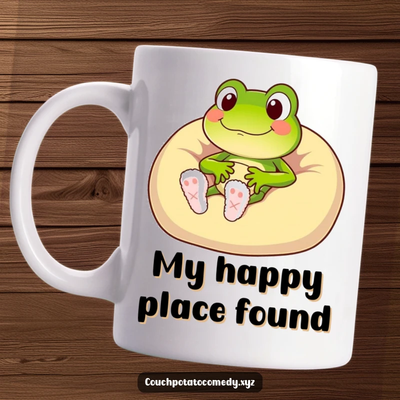 Funny frog character in fuzzy slippers sinking into a beanbag chair, looking utterly relaxed on a cozy mug.