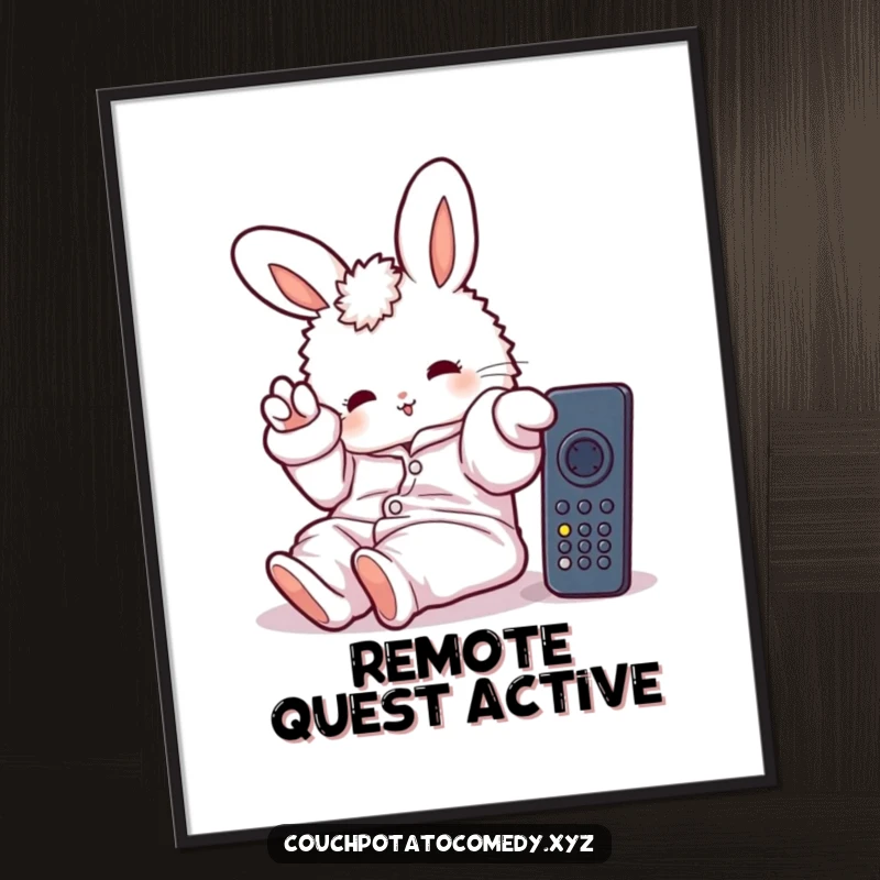 Funny digital art print of a fluffy bunny in oversized pajamas, lazily stretching a paw towards a remote, evoking ultimate comfort and relaxation.