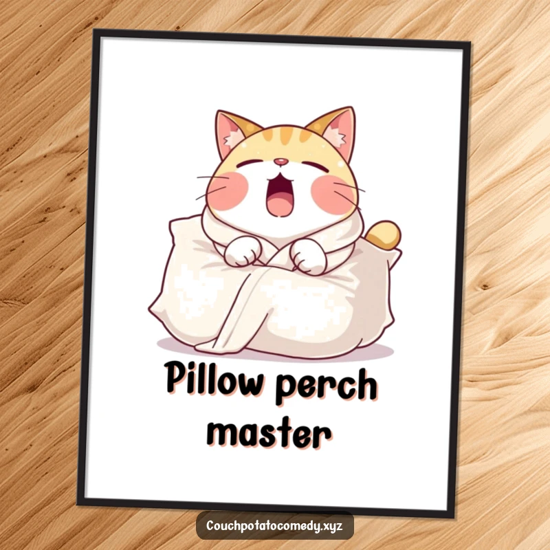 Funny digital art print of a round cat in a comfy robe, yawning widely over a large pillow, evoking ultimate comfort and relaxation.