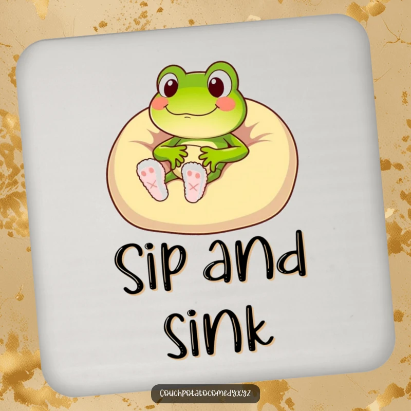 Funny frog character in fuzzy slippers sinking into a beanbag chair, protecting a surface.