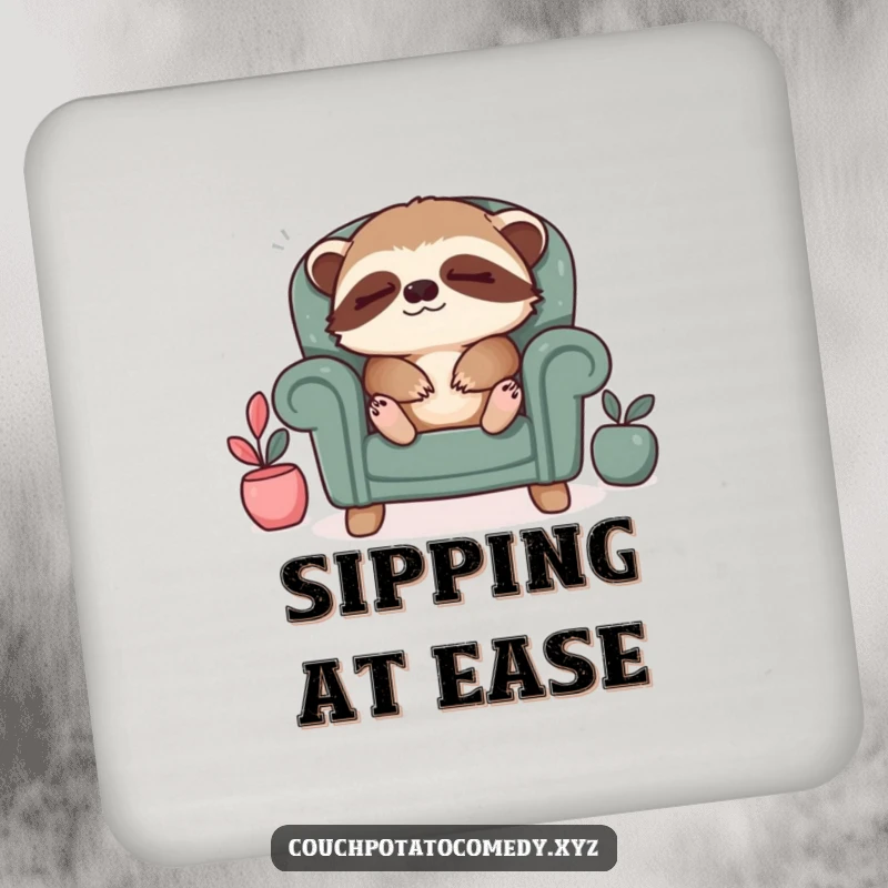 Funny sloth relaxation coaster, a sleepy sloth sighing contentedly in a tiny armchair, protecting surfaces with cozy charm.