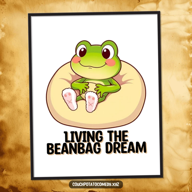 Funny Free Printable Wall Art: Cheerful frog lounging in fuzzy slippers on a beanbag, embodying ultimate relaxation and quirky home decor.