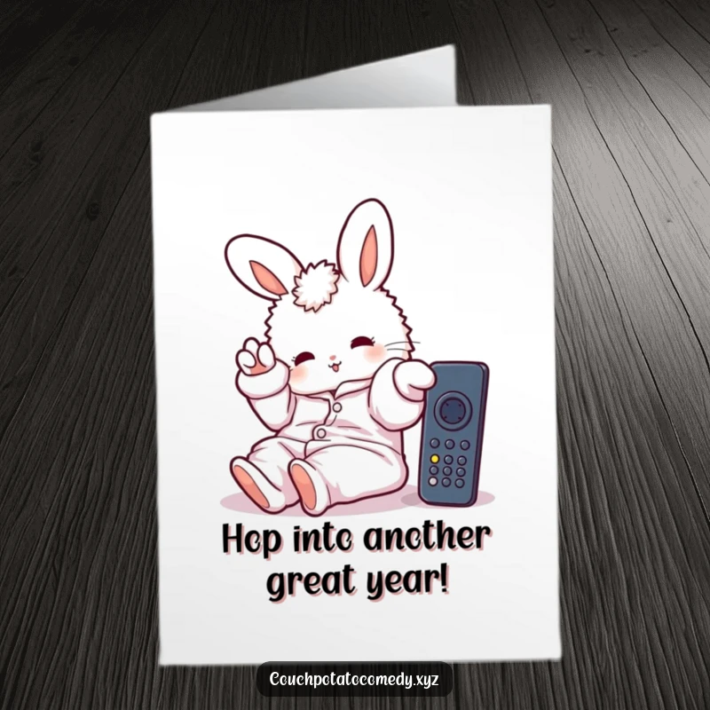 Funny Free Printable Birthday Card: Fluffy bunny character in oversized pajamas lazily stretching a paw towards a TV remote.