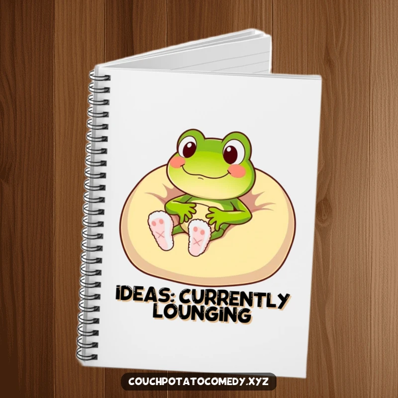 Funny frog character in fuzzy slippers sinking into a beanbag chair, lined notebook.