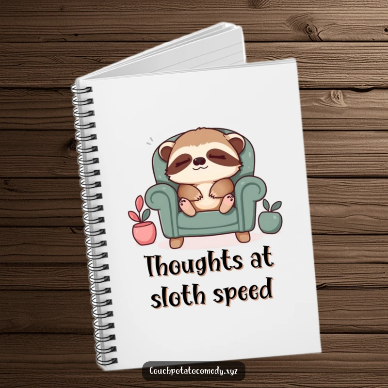Funny sloth relaxation notebook, a sleepy sloth sighing contentedly in a tiny armchair, perfect for slow thoughts and journaling.