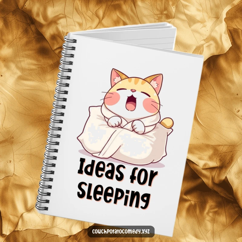 Funny notebook with a round cat in a comfy robe, yawning widely over a large pillow, perfect for notes and doodles.