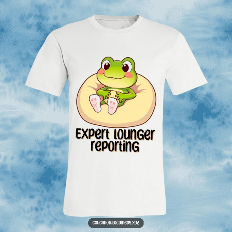 Funny frog character wearing fuzzy slippers, sinking into a plush beanbag chair, soft t-shirt graphic.