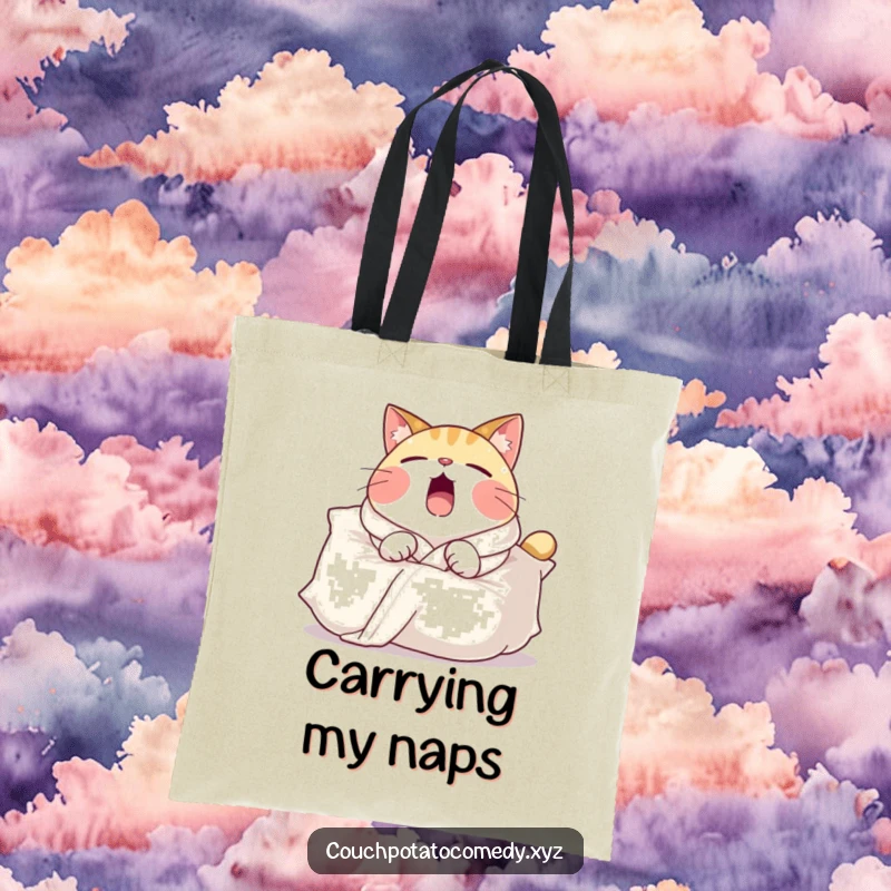 Funny tote bag featuring a round cat in a comfy robe, yawning widely over a large pillow, perfect for errands or relaxation essentials.