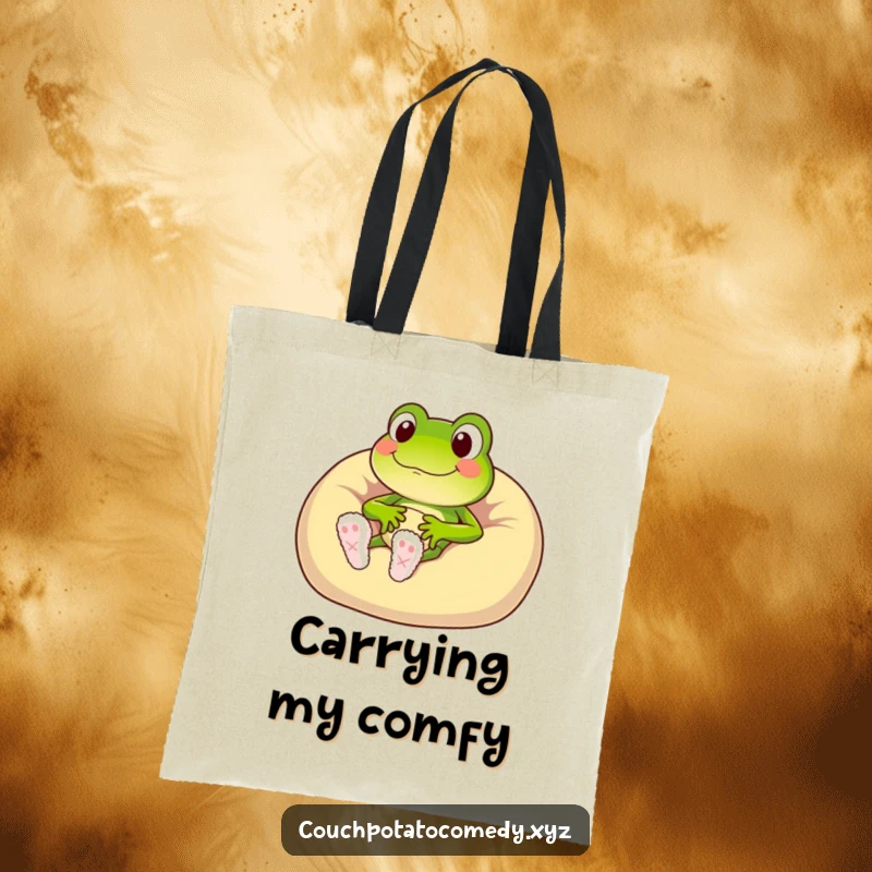 Funny frog character in fuzzy slippers sinking into a beanbag chair, durable tote bag.