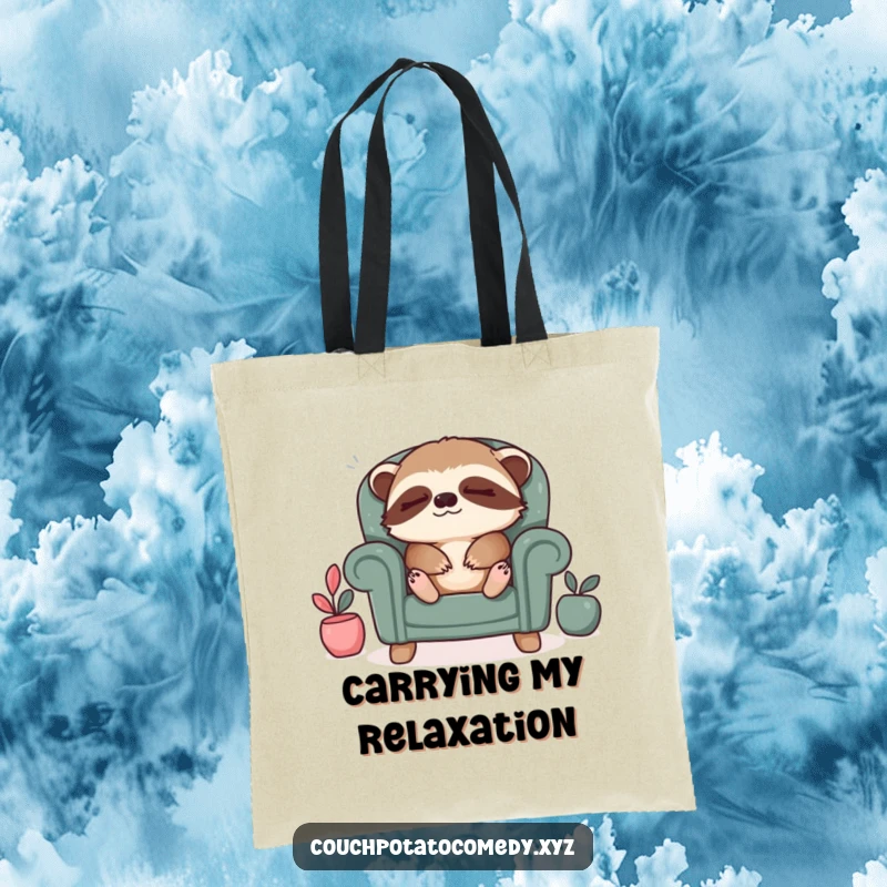 Funny sloth relaxation tote bag, a sleepy sloth sighing contentedly in a tiny armchair, perfect for carrying relaxation essentials.